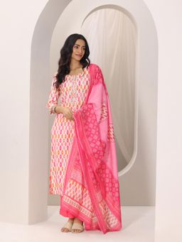 Libas - Pink Abstract Printed Straight Kurta with Pant & Dupatta (Set of 3)