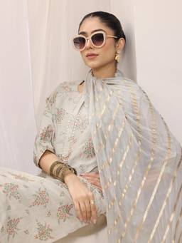 Libas - Grey Woven Design Floral Kurta with Pant & Floral Printed Dupatta (Set of 3)