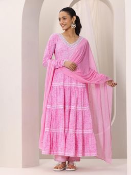 Libas - Pink Bandhani Printed Anarkali Kurta with Pant & Dupatta (Set of 3)
