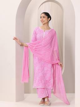 Libas - Pink Bandhani Printed Kurta with Palazzo & Embroidered Chiffon Dupatta (Set of 3)