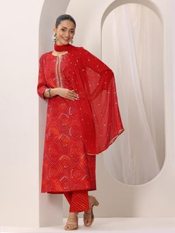Libas - Red Bandhani Printed Straight Kurta with Pant & Chiffon Dupatta (Set of 3)
