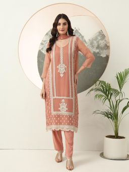 Yufta - Rust Embroidery Poly Chiffon Straight Kurta with Pant & Dupatta (Set of 3)