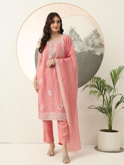 Yufta - Pink Embroidery Silk Blend Straight Kurta with Pant & Dupatta (Set of 3)