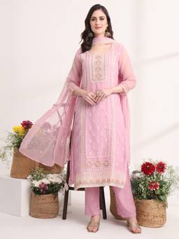 Yufta - Lavender Embroidery Silk Blend Straight Kurta with Pant & Dupatta (Set of 3)