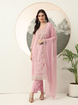 Yufta - Purple Embroidery Poly Chiffon Straight Kurta with Pant & Dupatta (Set of 3)