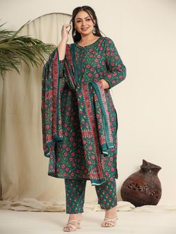 Yufta - Green Cotton Floral Chikankari Plus Size Kurta with Pant & Dupatta (Set of 3)