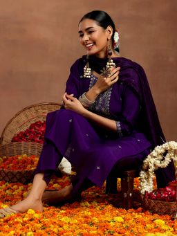 Gerua By Libas - Purple Silk Blend Yoke Design Kurta and Pant with Dupatta (Set of 3)