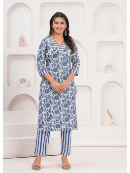 Kipek - Womens Navy Blue Cotton Floral Printed Straight Kurta with Pant (Set of 2)