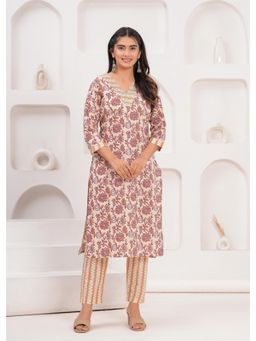 Kipek - Womens Peach Cotton Floral Printed Straight Kurta with Pant (Set of 2)
