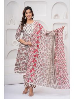 Kipek - Womens Beige Floral Print Anarkali with Pant & Dupatta (Set of 3)