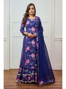 Tanoti - Gota Patti Blue Chic Patchwork Long Kurta with Skirt & Dupatta (Set of 3)