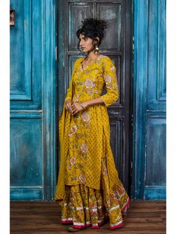 Tanoti - Gota Patti Yellow Chic Patchwork Long Kurta with Skirt & Dupatta (Set of 3)
