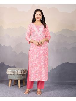 MOJILAA - Womens Peach Cotton Floral and Leaf Embellished Straight Kurta & Pant (Set of 2)