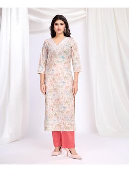 MOJILAA - Womens Cream Cotton Floral Embellished Straight Kurta & Pant (Set of 2)