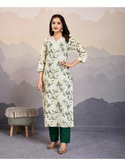 MOJILAA - Womens Green Cotton Floral Leaf Embellished Straight Kurta & Pant (Set of 2)