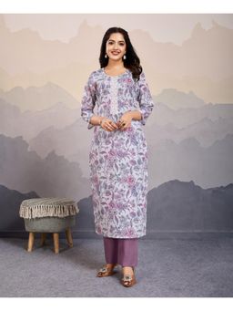 MOJILAA - Womens Lavender Cotton Floral Leaf Embellished Straight Kurta & Pant (Set of 2)