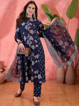 Rama's - Women Navy Blue Floral Printed A-line Kurta with Pant & Dupatta (Set of 3)