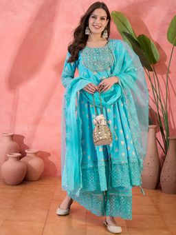 Rama's - Women Turquoise Embroidery Anarkali Kurta with Sharara & Dupatta (Set of 3)