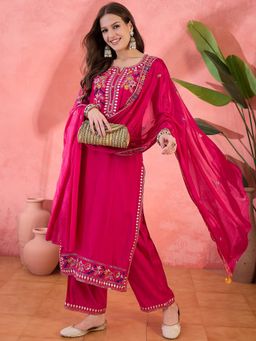Rama's - Women Pink Embroidery Straight Kurta with Palazzo & Dupatta (Set of 3)