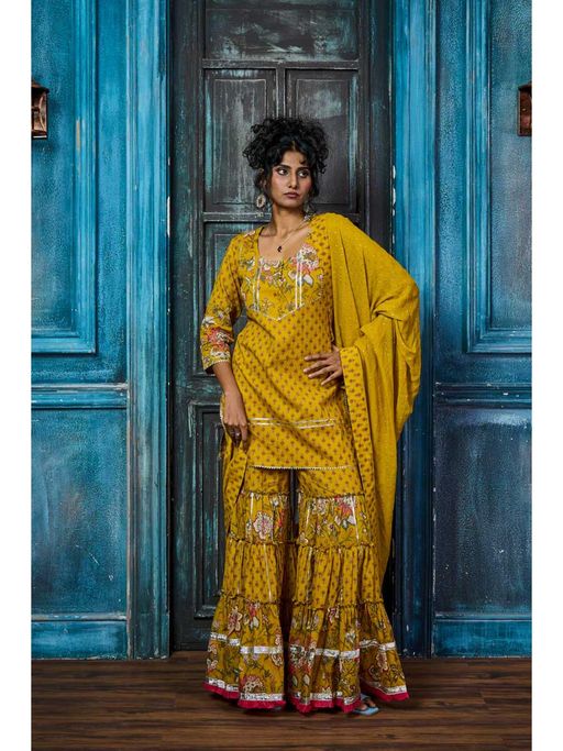 Tanoti Yellow Gota Patti Elegant Short Kurta with Sharara & Dupatta (Set of 3)