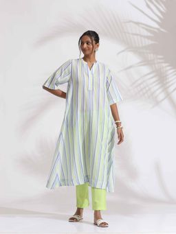 trueBrowns - White Cotton Multi Stripes Flared Kurta with Pant (Set of 2)