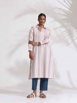 trueBrowns - Off-White Cotton Multi Stripes Flared Kurta with Pant (Set of 2)