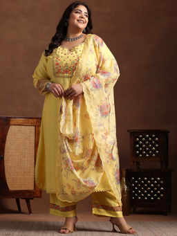 Extra love by Libas - Plus Size Women Yellow Yoke Design Silk Blend Straight Kurta Sets for Women