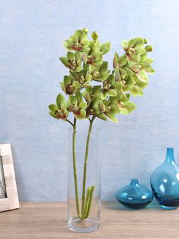 Fourwalls - Artificial Decorative Real Touch Cymbidium Flower Sticks (75 cm Tall, Green, Set of 2)
