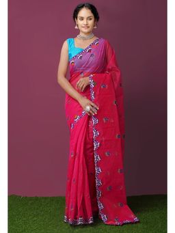 Unnati Silks - Pink Cross Stitched Embroidered Super Net Saree with Unstitched Blouse