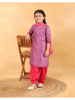 Fabindia - Purple Cotton Silk Check Kurta With Salwar And Dupatta