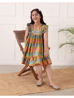 Fabindia - Multi-Color Cotton Chikankari Candy Check Dress