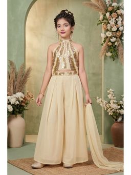 Lagorii - Cream Sequin Halter Crop Top With Palazzo And Dupatta