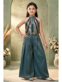 Lagorii - Teal Sequin Halter Crop Top With Palazzo