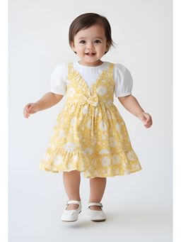 Bella Moda - Yellow Cotton Puff Sleeve Floral Print Fit And Flare Dress
