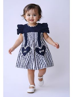 Bella Moda - Navy Blue Cotton Striped Dress With Heart Pockets