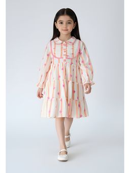 Bella Moda - Cotton Cream Floral Printed Tiered Fit And Flare Dress