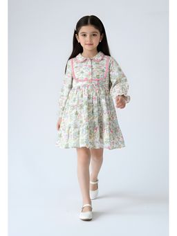 Bella Moda - Cotton White Floral Printed Tiered Fit And Flare Dress