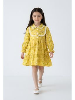 Bella Moda - Cotton Yellow Floral Printed Tiered Fit And Flare Dress