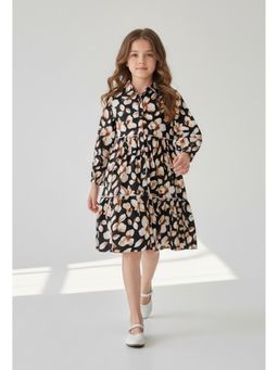 Bella Moda - Cotton Black Floral Printed Tiered Fit And Flare Dress