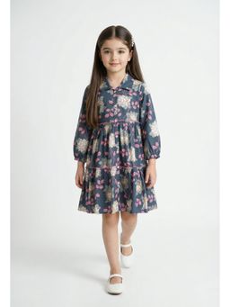 Bella Moda - Cotton Navy Blue Floral Printed Tiered Fit And Flare Dress