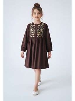 Bella Moda - Cotton Brown Full Sleeves Floral Embroidered Dress