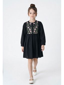 Bella Moda - Cotton Black Full Sleeves Floral Embroidered Dress