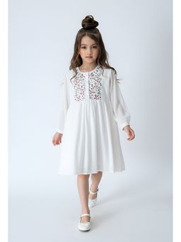 Bella Moda - Cotton White Full Sleeves Floral Embroidered Dress