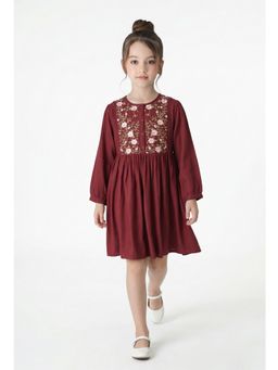 Bella Moda - Cotton Maroon Full Sleeves Floral Embroidered Dress