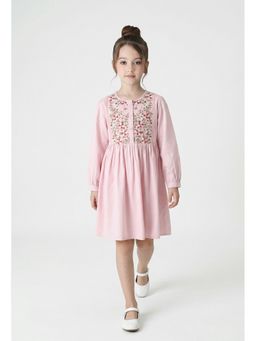 Bella Moda - Cotton Pink Full Sleeves Floral Embroidered Dress