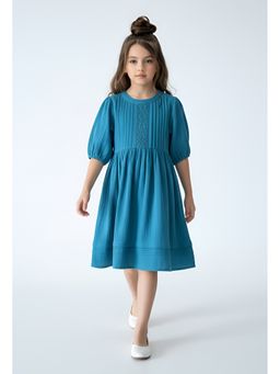 Bella Moda - Cotton Blue Solid Pleated Yoke Puff Sleeve Fit And Flare Dress