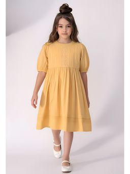 Bella Moda - Cotton Yellow Solid Pleated Yoke Puff Sleeve Fit And Flare Dress