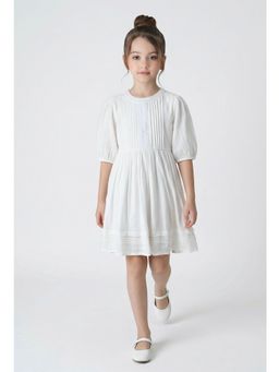 Bella Moda - Cotton White Solid Pleated Yoke Puff Sleeve Fit And Flare Dress