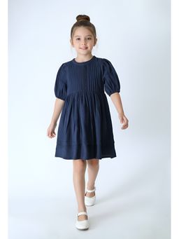 Bella Moda - Cotton Navy Blue Solid Pleated Yoke Puff Sleeve Fit And Flare Dress