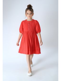 Bella Moda - Cotton Red Solid Pleated Yoke Puff Sleeve Fit And Flare Dress